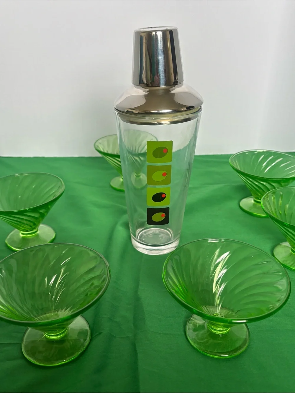 Six Green  uranium Olive Cocktail Shaker with Retro Olive Motif